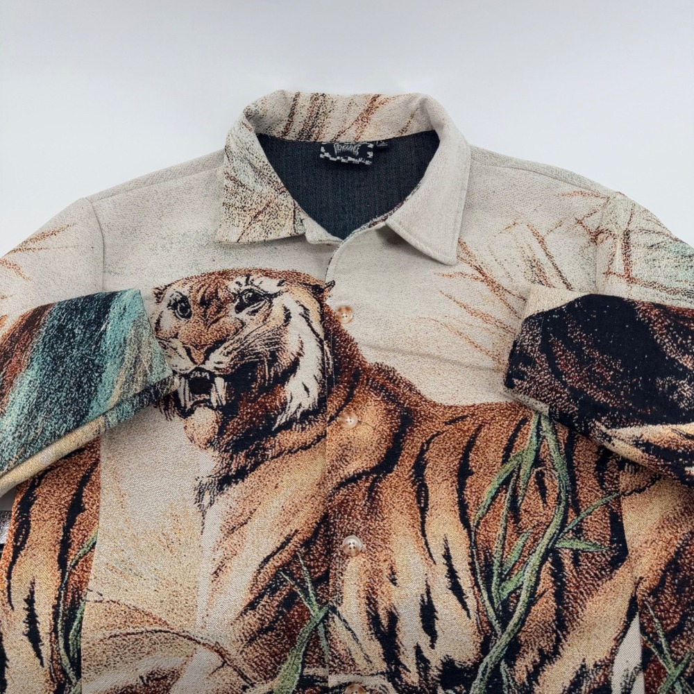 Rebel Vengeance Tiger Tapestry Woven Button Down Shirt Streetwear Large Beige